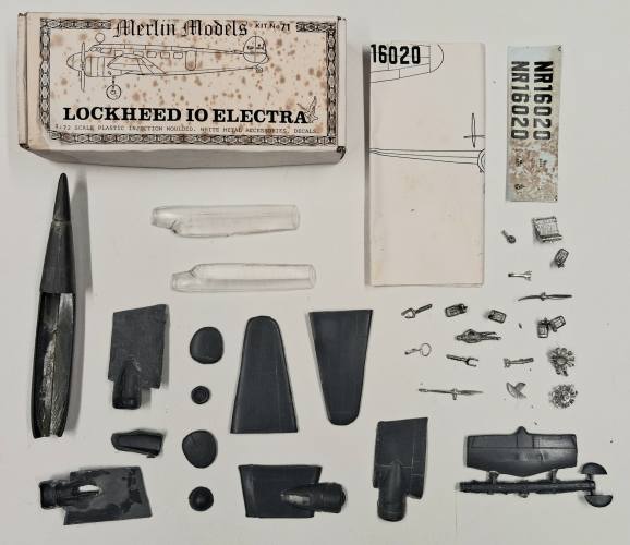 KINGKIT MODEL SCRAPYARD 1/72 MERLIN MODELS 71 LOCKHEED IO ELECTRA  STARTED   DAMAGED DECALS 