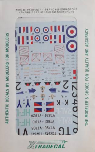 DISCOUNT DECALS  5535. X016-48 VAMPIRE F 1 54 AND 605 SQUADRONS XTRADECAL