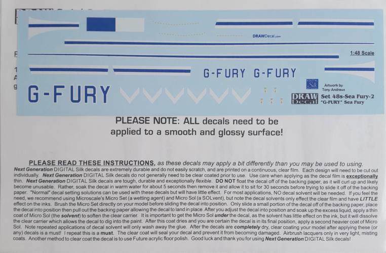 DISCOUNT DECALS 1/48 5540. 48-SF-2 G-FURY SEA FURY DRAW DECAL
