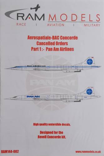 DISCOUNT DECALS 1/144 5620. RAM144-002 AEROSPATIALE-BAC CONCORDE CANCELLED ORDERS PART 1  PAN AM AIRLINES RAM MODELS