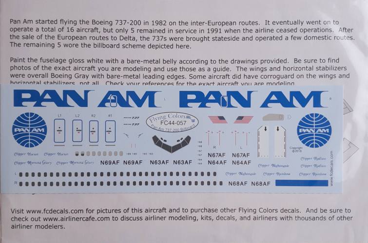 DISCOUNT DECALS 1/144 5621 FC44-057 PAN AM 737-200 BILLBOARD FLYING COLORS