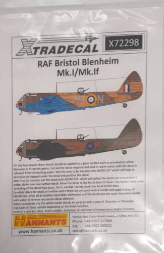 DISCOUNT DECALS  5660 X72298 RAF BRISTOL BLENHEIM MK.I/MK. IF XTRADECAL
