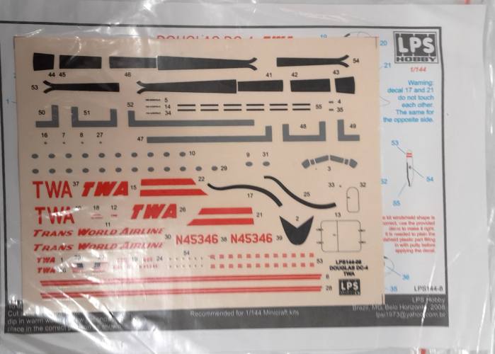 DISCOUNT DECALS 1/144 5681 LPS144-8 DOUGLAS DC-4 TWA DECAL SHEET LPS HOBBY