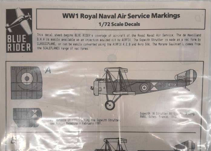 DISCOUNT DECALS 1/72 5722 WW1 ROYAL NAVAL AIR SERVICE MARKINGS BLUE RIDER