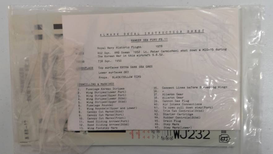 DISCOUNT DECALS  5798 WJ232 HAWKER SEA FURY FB.11 ALMARK