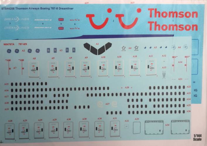 DISCOUNT DECALS 1/144 6060 STS44208 THOMSON AIRWAYS BOEING 787-8 DREAMLINER 26 DECALS