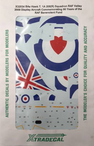 DISCOUNT DECALS  6067 X32034 BAE HAWK T. 1A 208 R  SQUADRON RAF VALLEY 2009 DISPLAY AIRCRAFT COMMEMORATING 90 YEARS OF THE RAF BENEVOLENT FUND Xtradecal