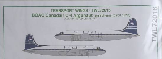 Thumbnail DISCOUNT DECALS TWL72015 BOAC CANADAIR C-4 ARGONAUT LATE SCHEME  CIRCA 1956  TRANSPORT WINGS
