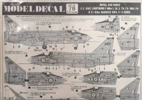 Thumbnail DISCOUNT DECALS 6238 set no 78 ROYAL AIR FORCE E.E./BAC LIGHTNING F MKS 1 1A 3 T4 T5 1961-74 H.S./BAE HARRIER GR3 3 4 SQNS Modeldecal
